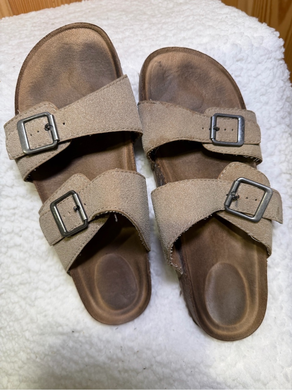 Women's Taupe Double-Buckle Suede Slide Sandals